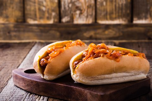 new york style hot dogs with pushcart sauce made with caramelized onions, ketchup and brown sugar