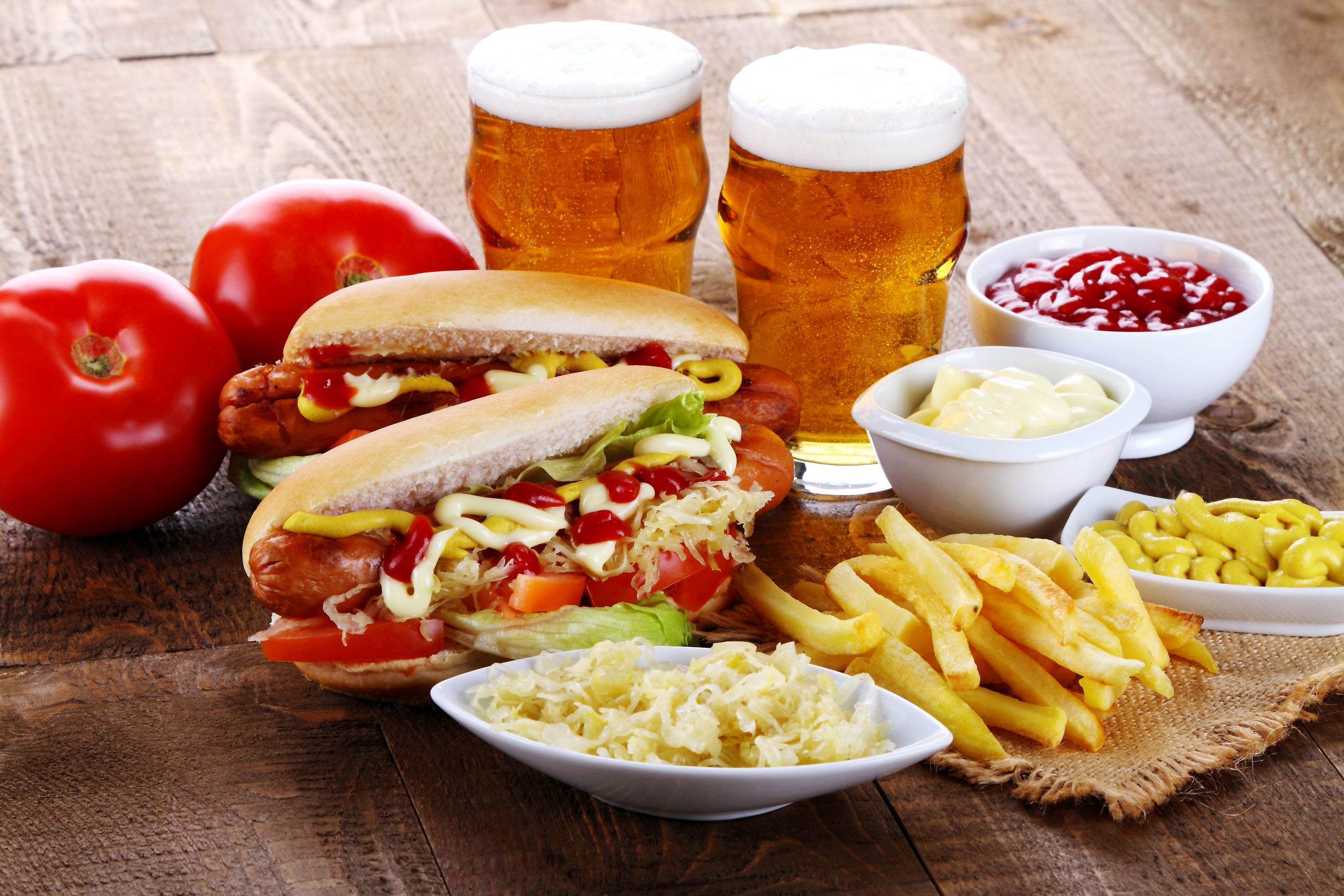 BeerSimmered Hot Dogs topped with BeerSimmered Sauerkraut Field